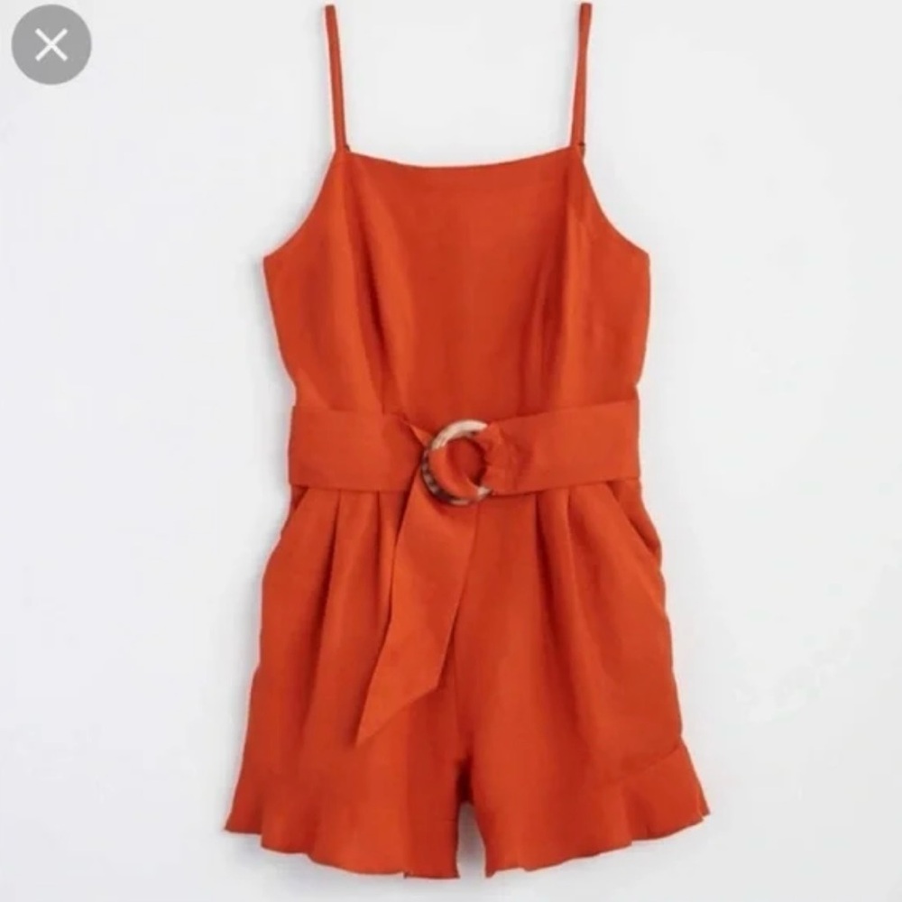 Loft ruffle belted linen romper with pockets orange 2P